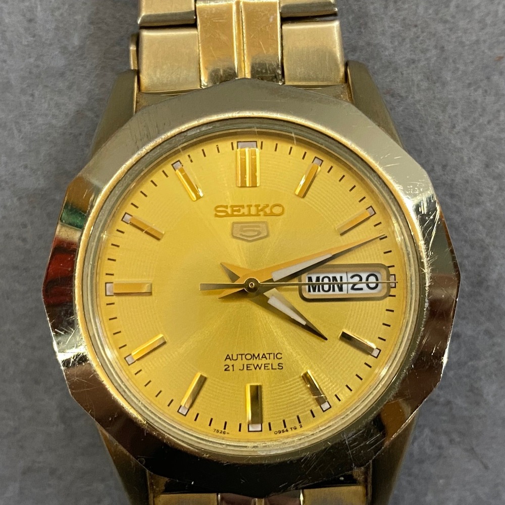 Seiko 5 Automatic 21 Jewels Gold Dial Mens Watch 7S26-03F0 Exhibition Back